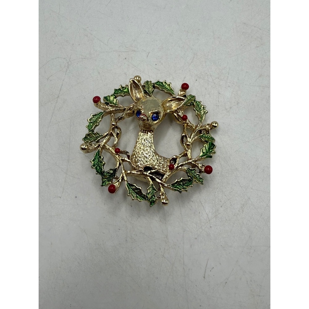 Vintage Gerrys Christmas Reindeer Wreath Brooch Gold Tone Enamel Rhinestone Eye